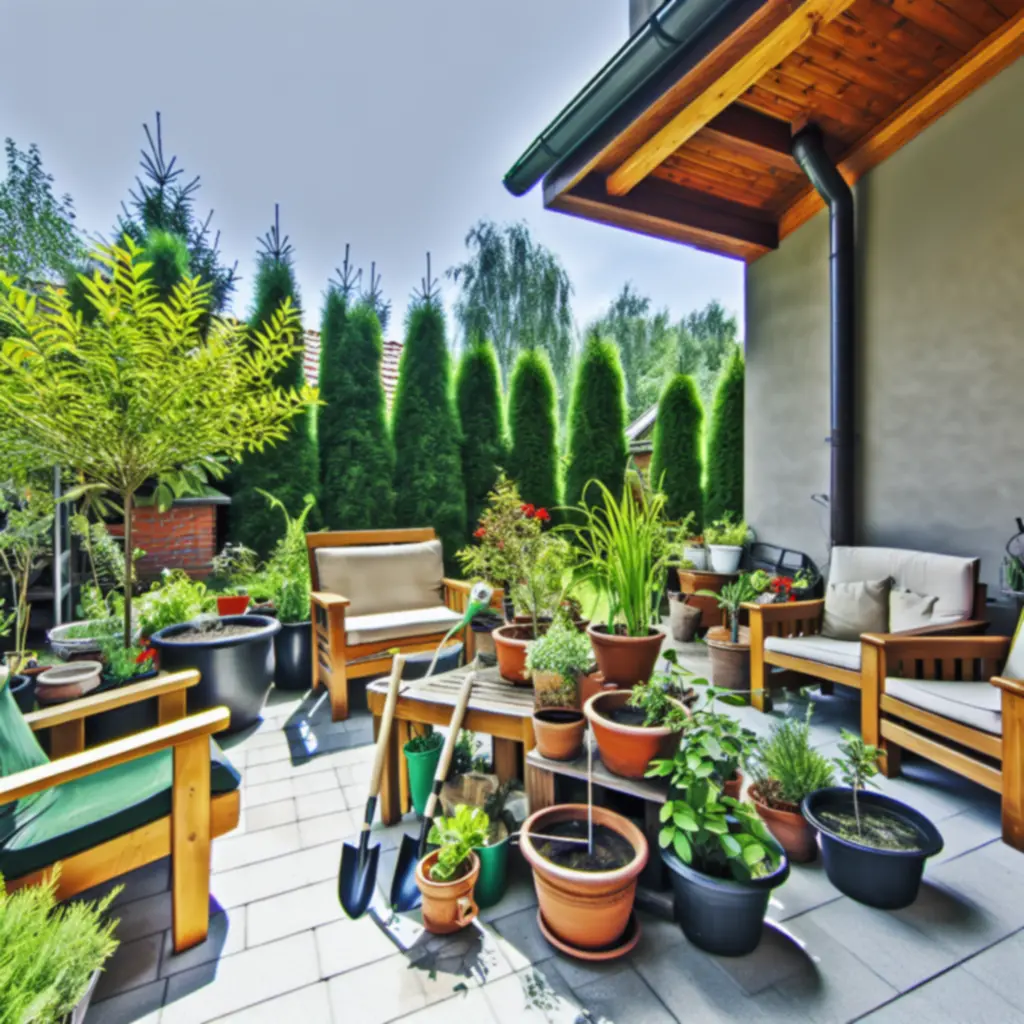 Przytulna przestrzeń ogrodowa z roślinami i wygodnym miejscem do odpoczynku