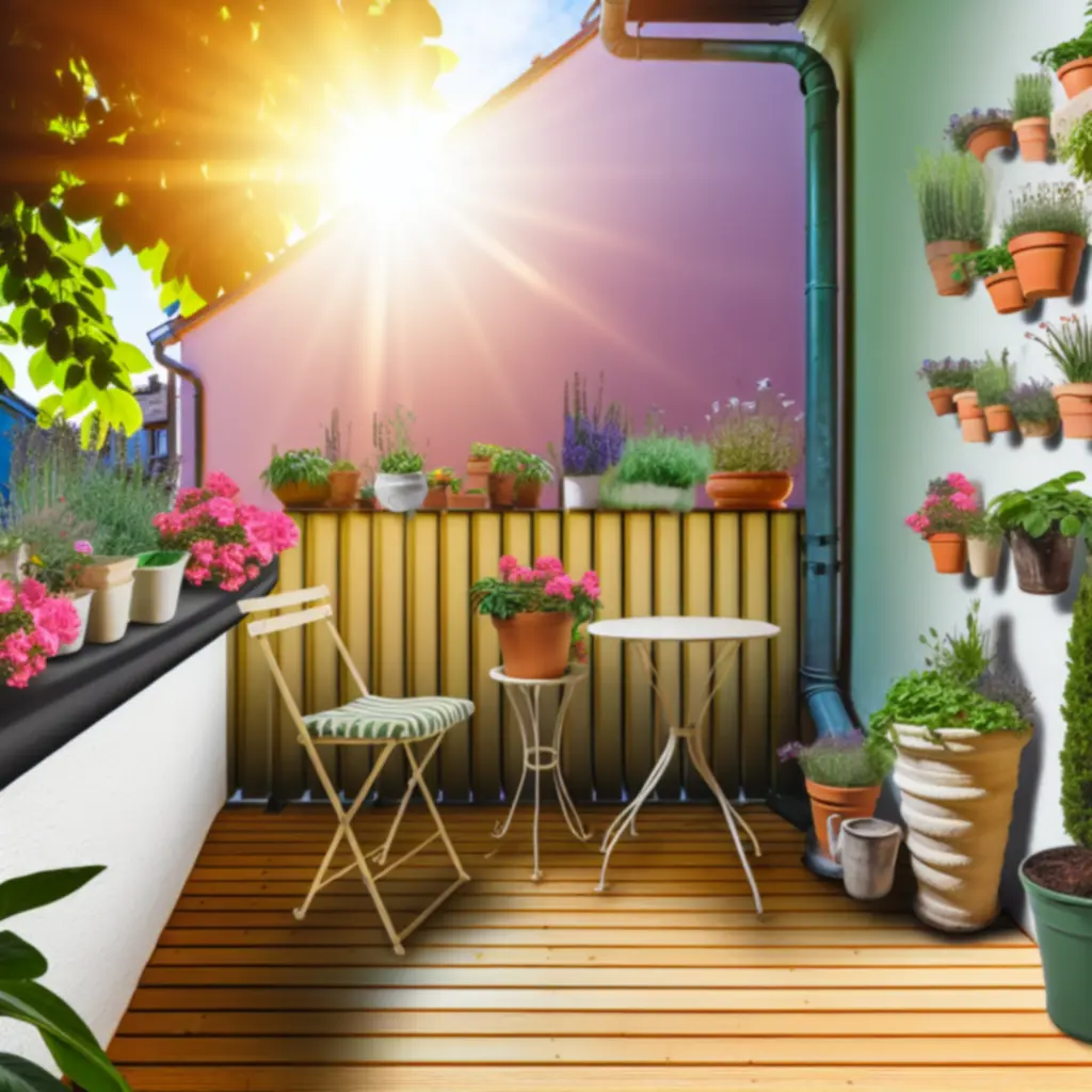 Mały balkon z roślinami i kompaktowymi meblami ogrodowymi