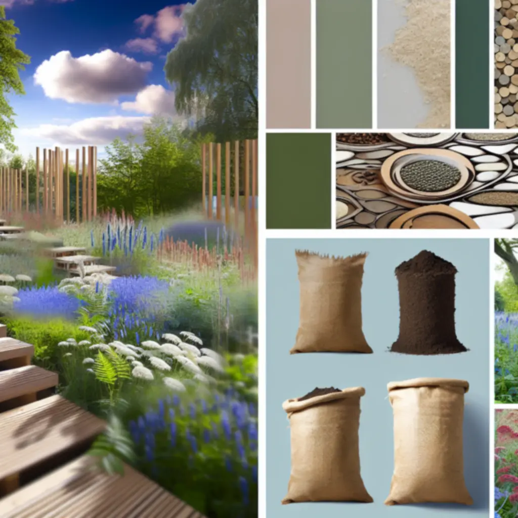 Naturalny ogród z bujną zielenią i drewnianymi elementami